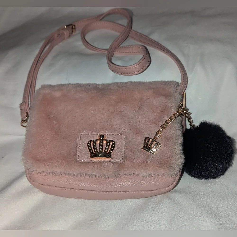 Juicy Couture Pink Faux Fur Crossbody Bag with Crown Emblem And Pom Pom Keychain